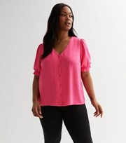New Look Curves Bright Pink Short Frill Sleeve Blouse